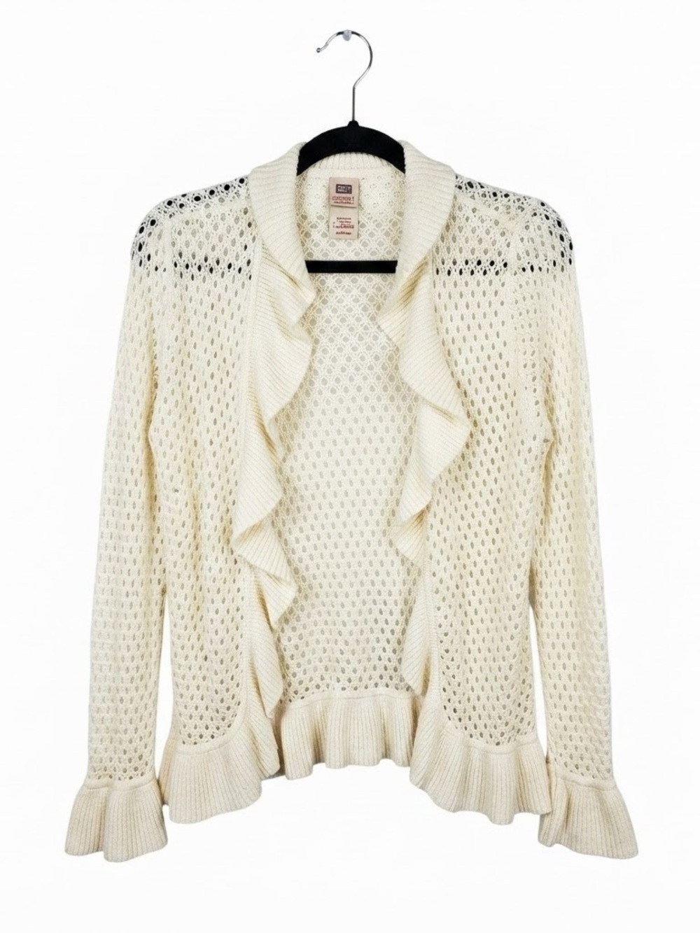 Faded Glory Cream Ruffled Pointelle Cardigan Large
